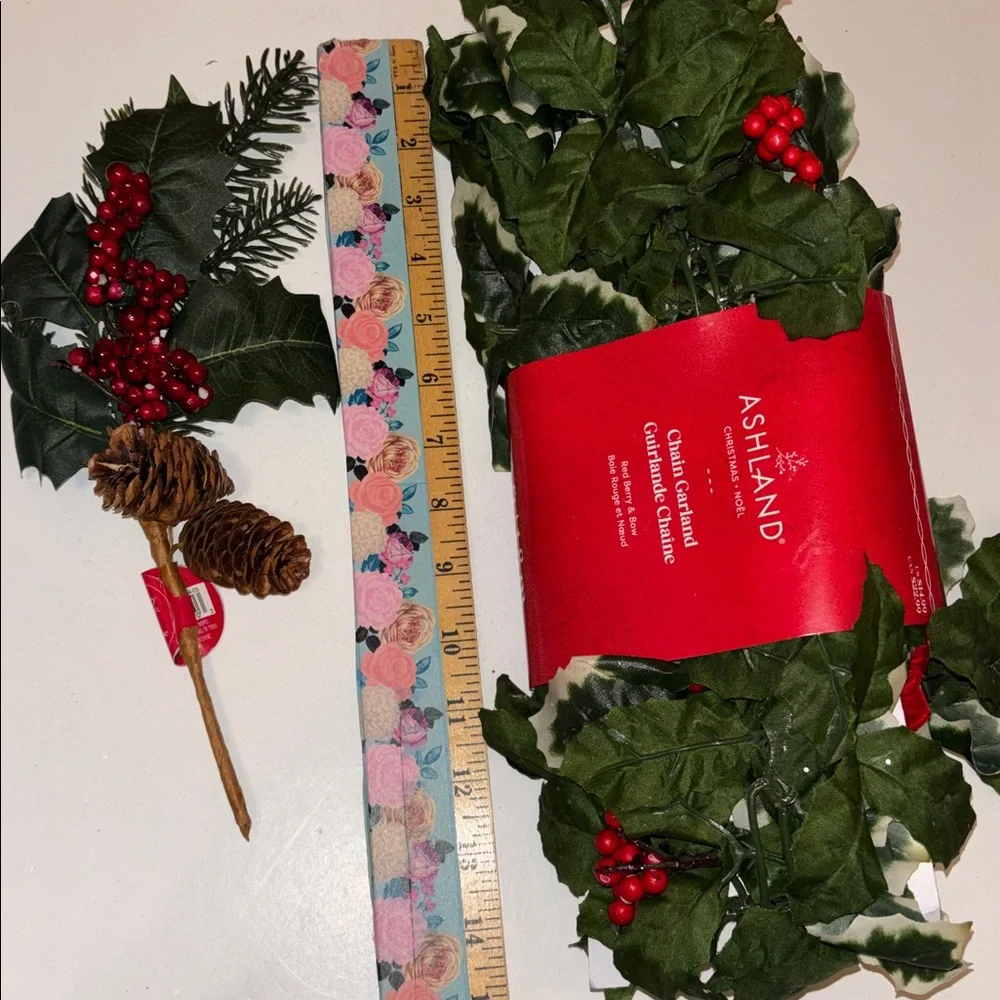 Holly and Berry Garland with Red Bows Green Pine Accents Floral Pics Letters NWT